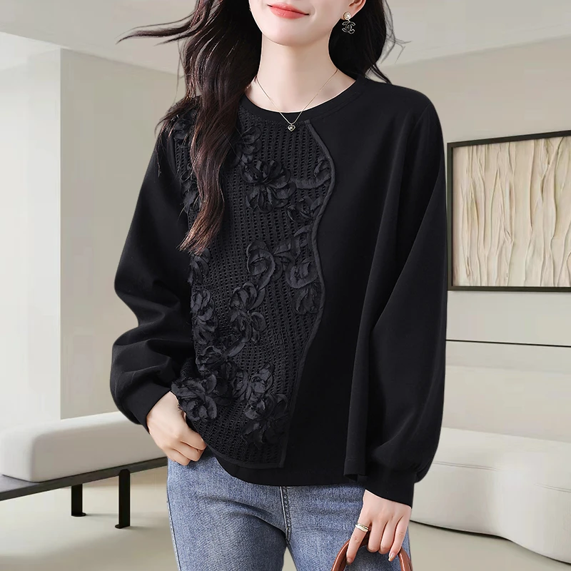 时尚盘绣拼接加绒黑色T恤女2025秋季新款大码显瘦新中式女装上衣