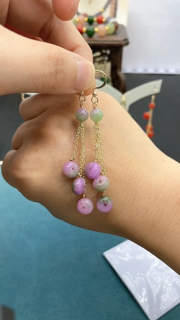 翡翠14K金镶嵌耳饰春彩流苏*新款