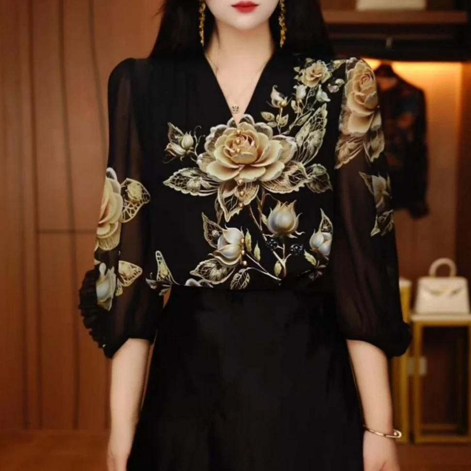 正品时尚琉璃双绉丝洋气印花V领减龄宽松轻奢百搭女衬衫