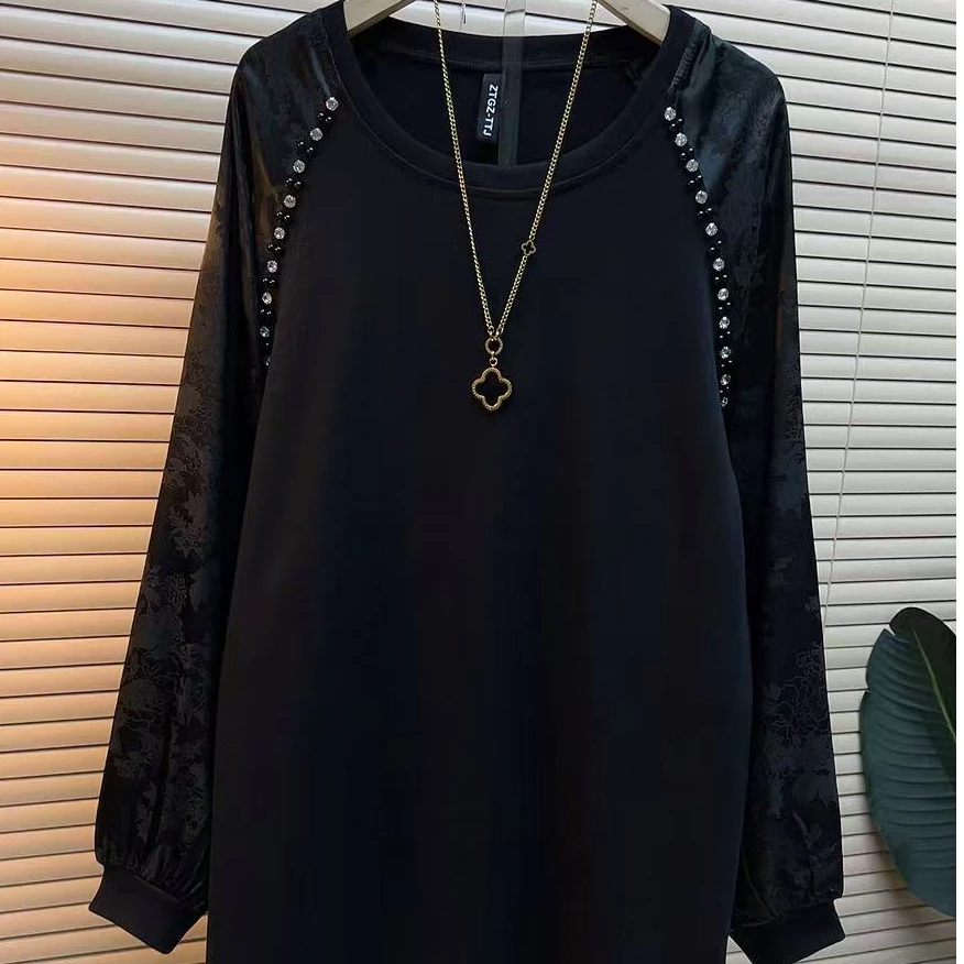 新潮风长袖宽松重工气质设计师印花休闲女士百搭套头1619钉珠衫