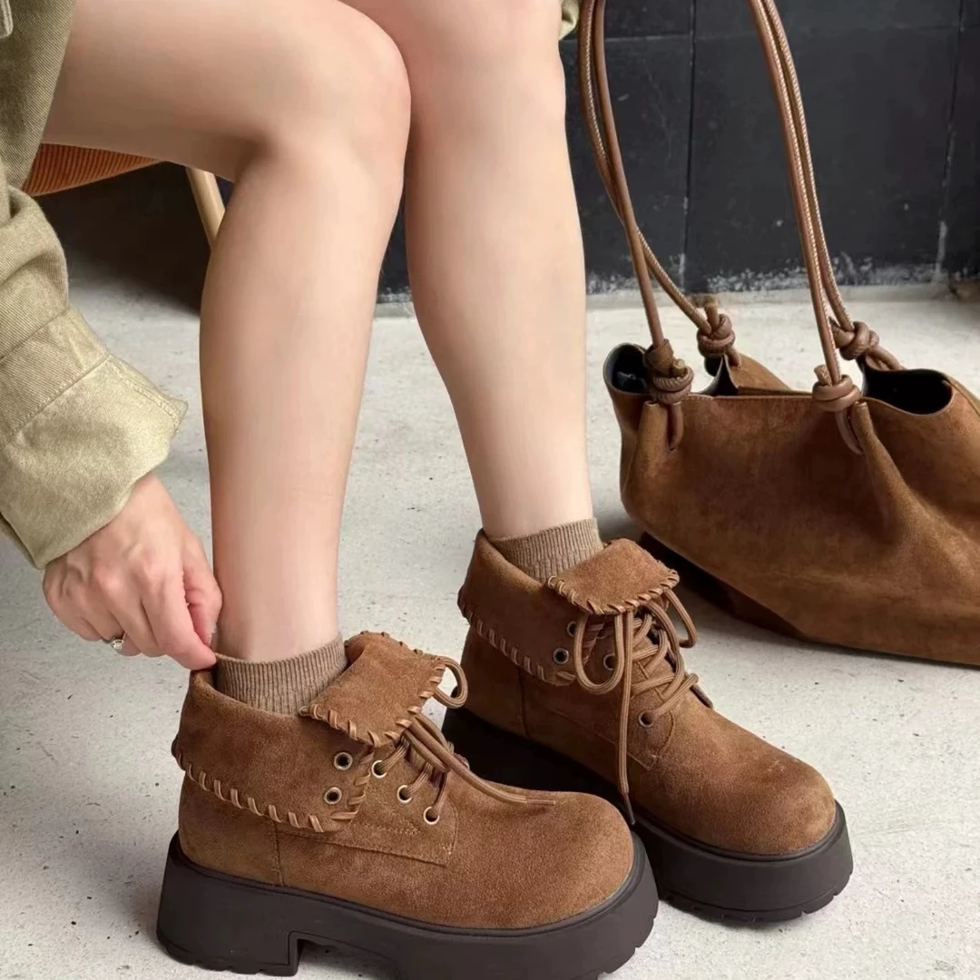 复古磨砂两穿皮厚底马丁靴女勃肯短靴英伦风增高工装靴92663-2A