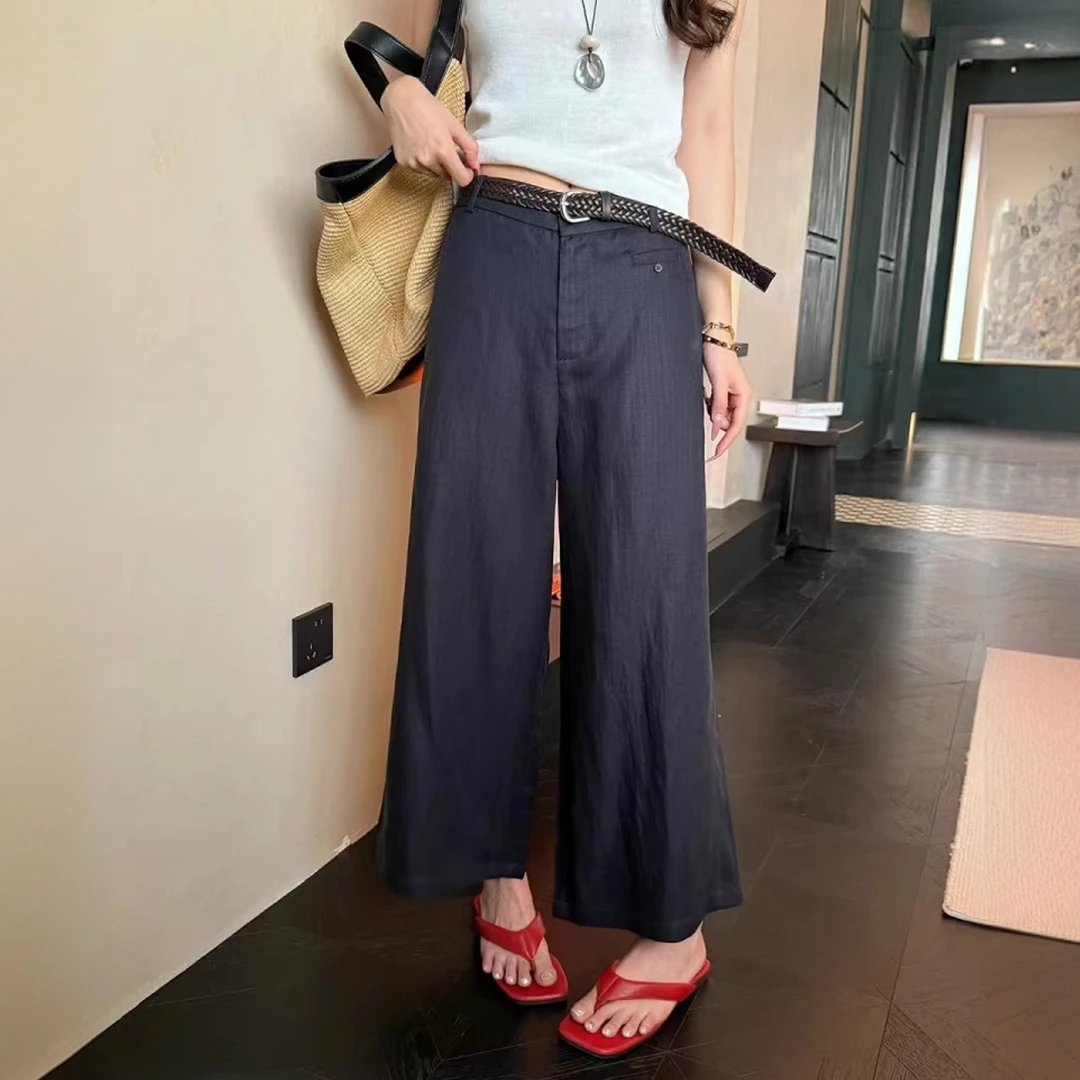 夏日凉感透气亚麻九分裤女梨形身材宽松显瘦小个子高腰垂感阔腿裤