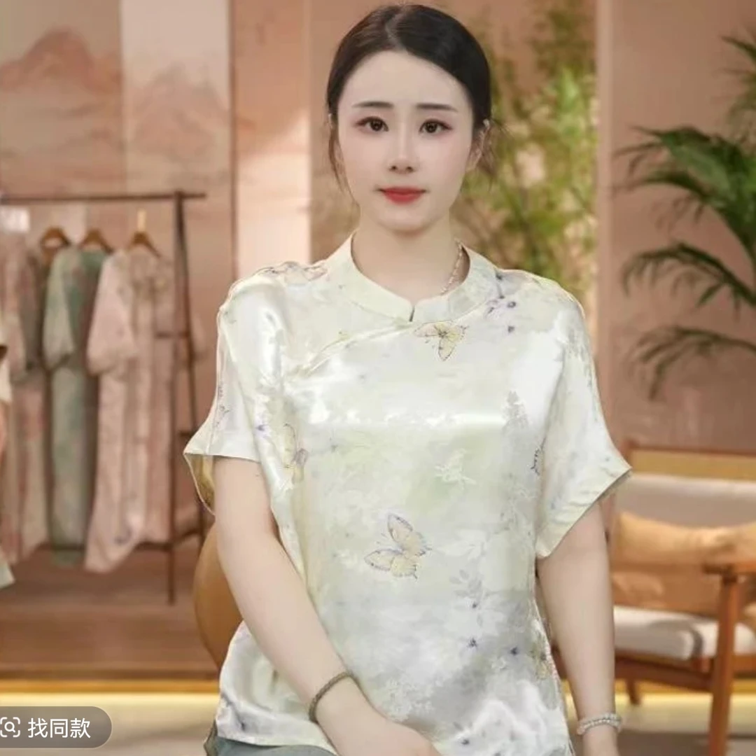 【梁祝】常规款提花短袖圆领立领蝴蝶T恤中式花色黄色宅萌系0346