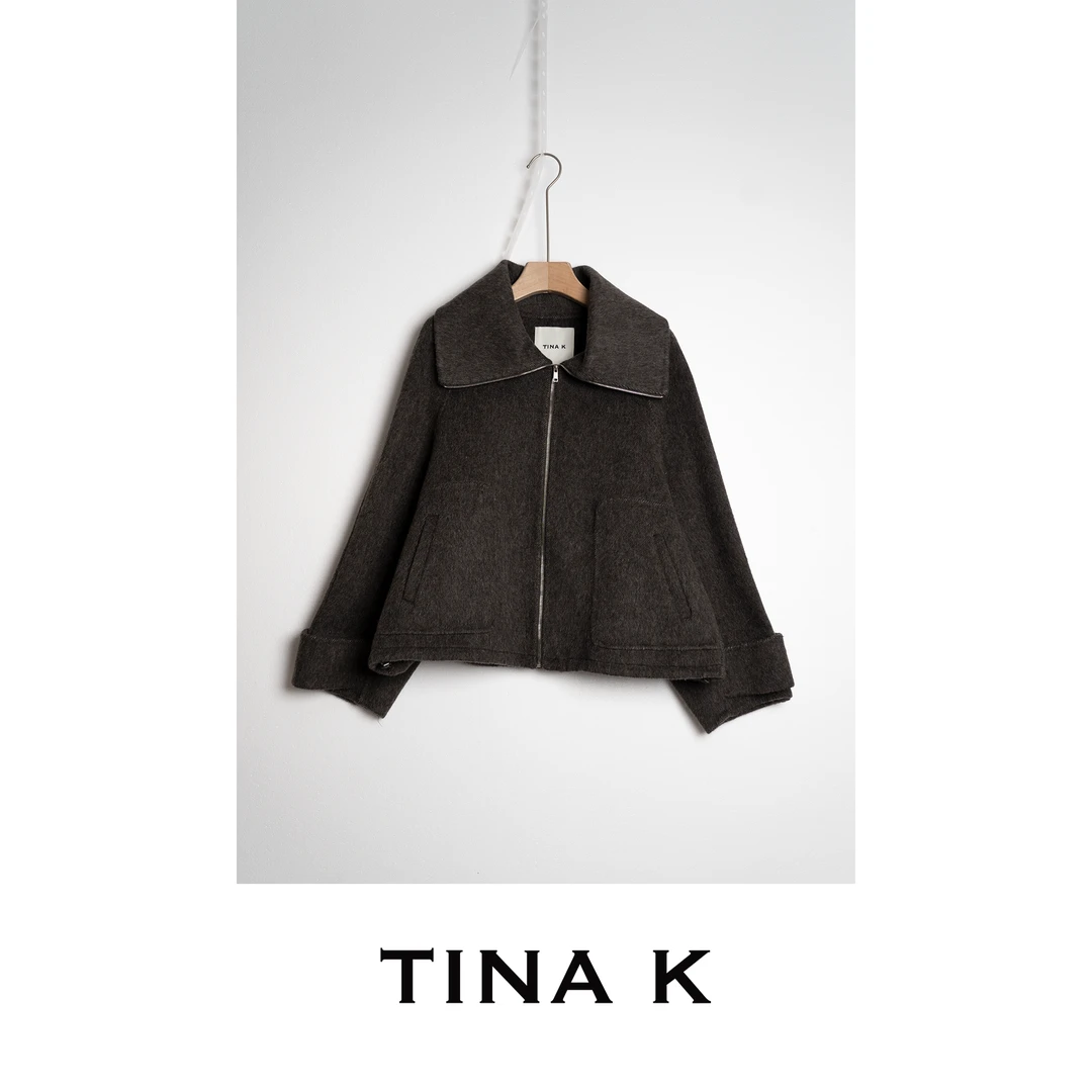 TinaK秋冬外套休闲气质女士翻领上衣短款拉链大衣DY225483