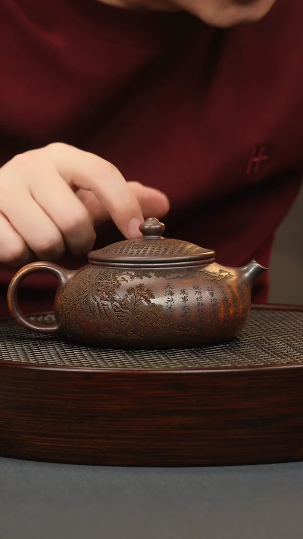 【闪购商品】紫砂茶壶龙骨金砂寒江壶刻绘龙