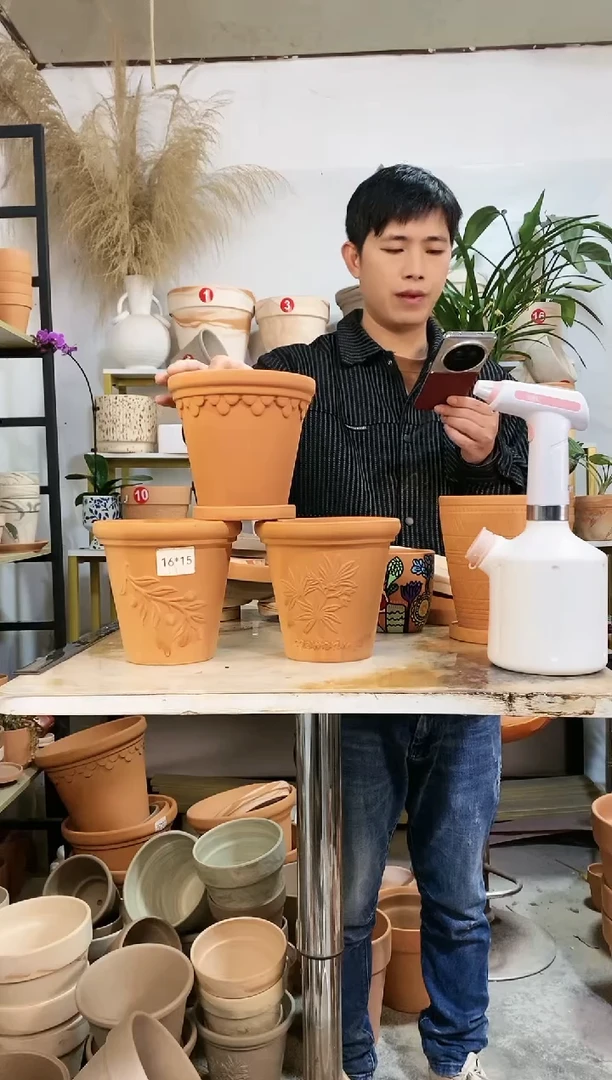 【闪购商品】红陶16*15红陶浮雕3图案 3盆3托