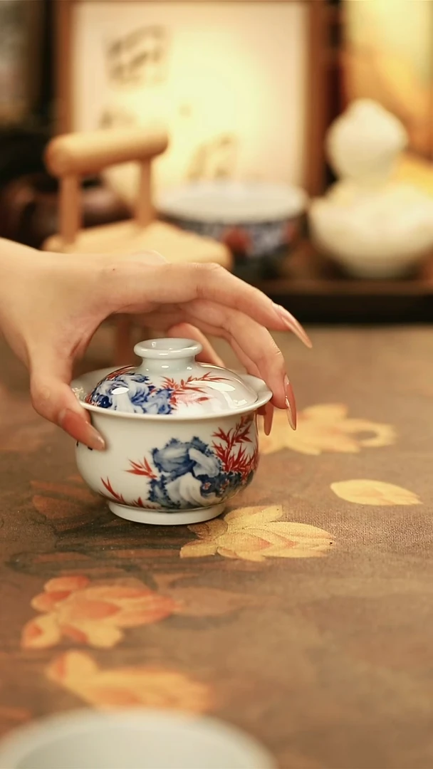 M4501/陶瓷青花山石竹子卢式盖碗