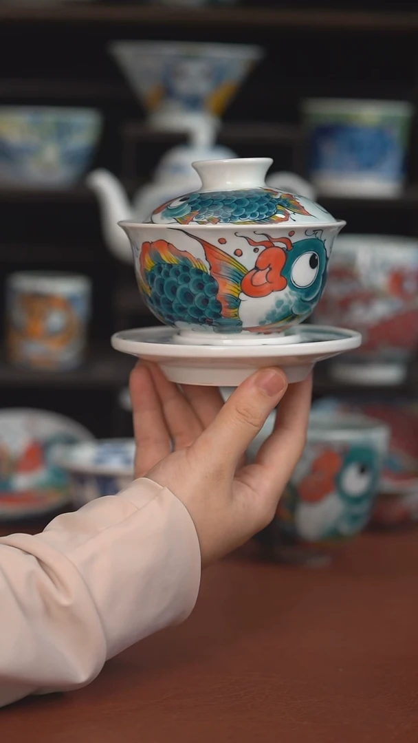 老师作品神仙鱼三才盖碗（福利价格）