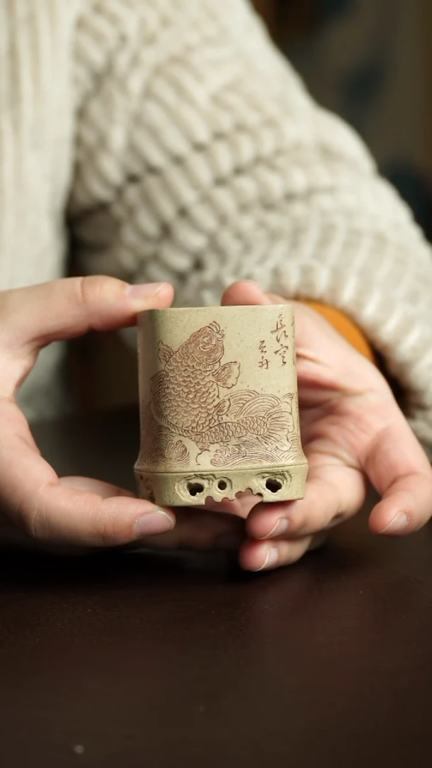 茶杯紫砂72号 鱼跃四方竹节杯 宜兴紫砂原矿作品