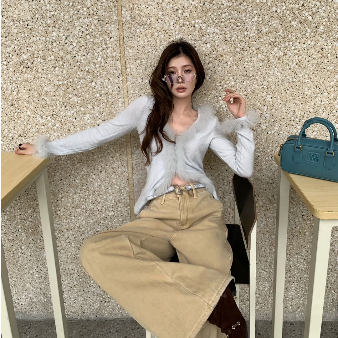 性感辣妹外穿毛毛上衣气质显瘦洋气休闲百搭宽松阔腿长裤时尚套装