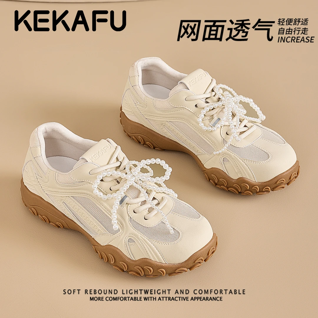 珂卡芙珍珠韩版运动网面鞋透气增高休闲芭蕾风爆款阿甘鞋德训鞋女