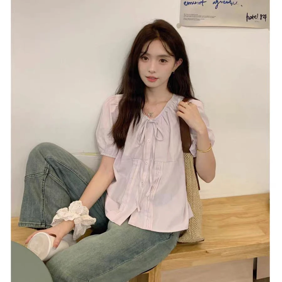 大码法式短袖衬衫夏季宽松遮肚显瘦上衣微胖MM皱褶V领休闲衬衣214