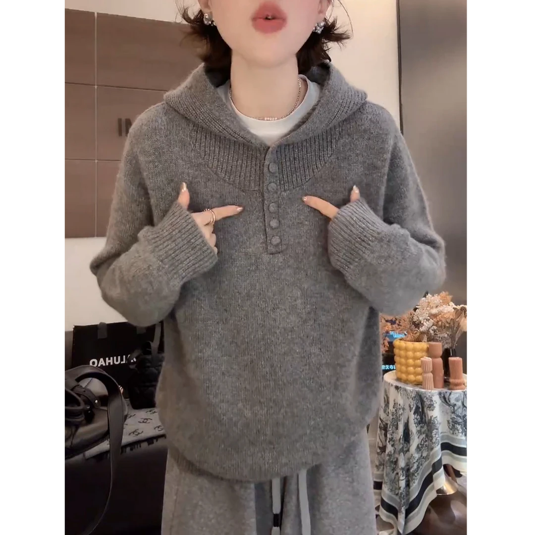 连帽宽松毛衣针织衫纯色2025冬季休闲上衣套头长袖设计感高端慵懒