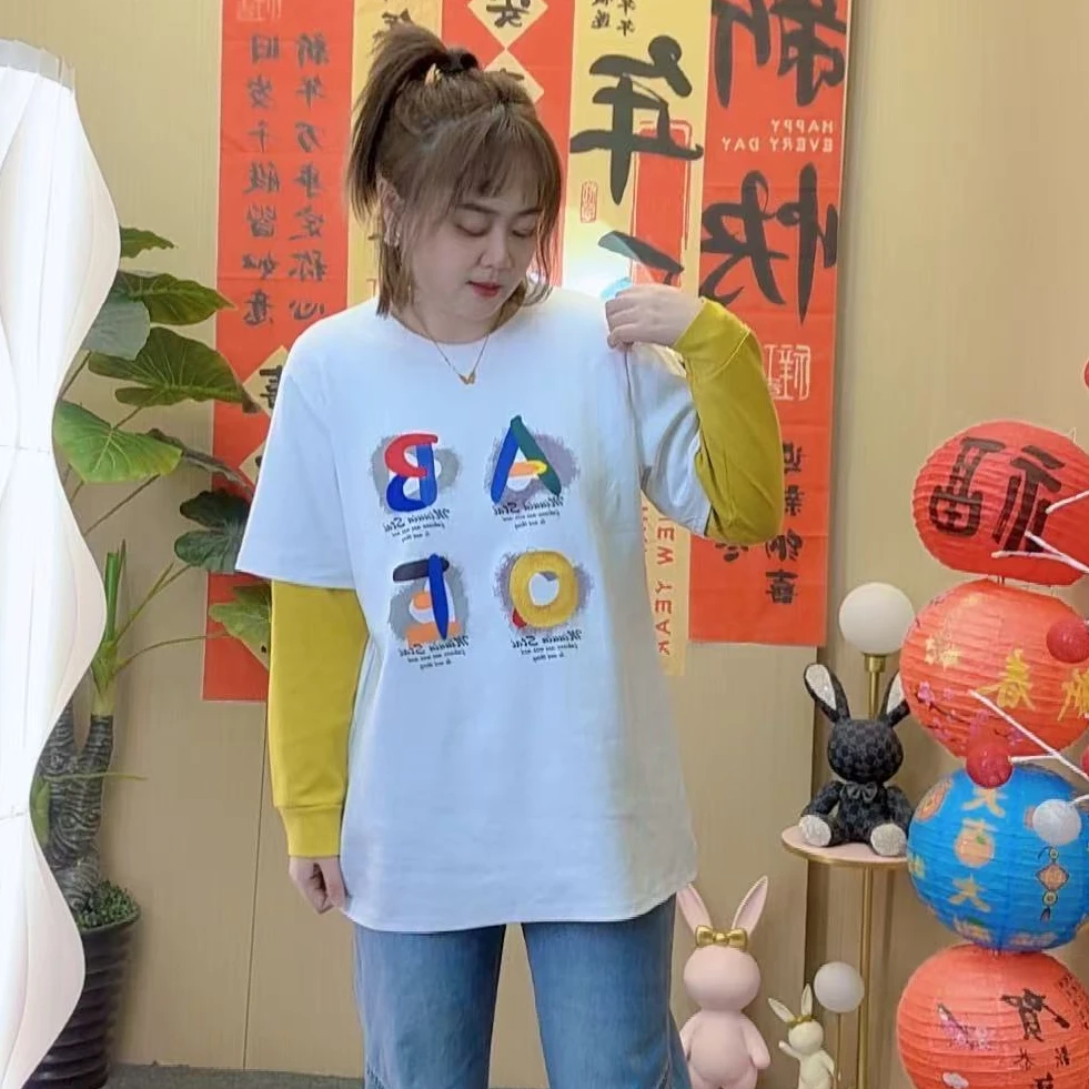 2025春季新款长袖打底拼袖印花撞色时尚休闲百搭宽松圆领长款