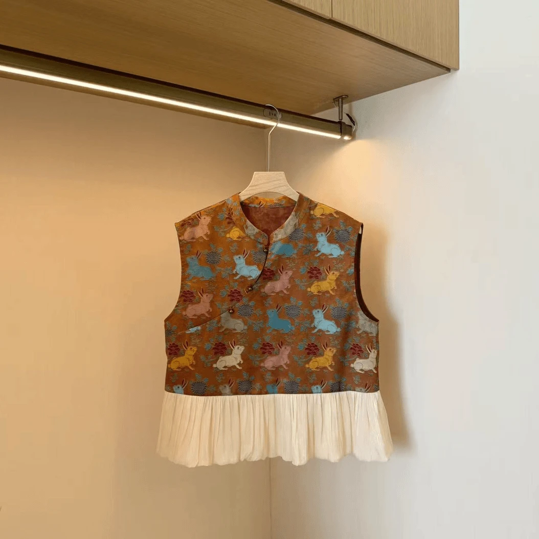 拼接蕾丝下摆新中式提花无袖上衣女2025夏季新款百搭气质显瘦上衣