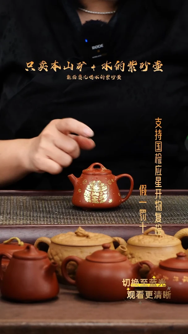 茶壶紫砂原矿龙山朱泥 全手描金小高瓢
