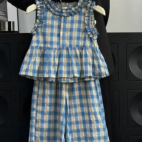 女童花边领蓝色格子套装