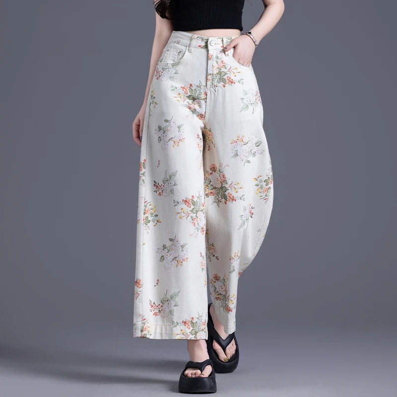 白色印花阔腿牛仔裤女2025新款夏季薄款女裤九分高腰碎花直筒裤子