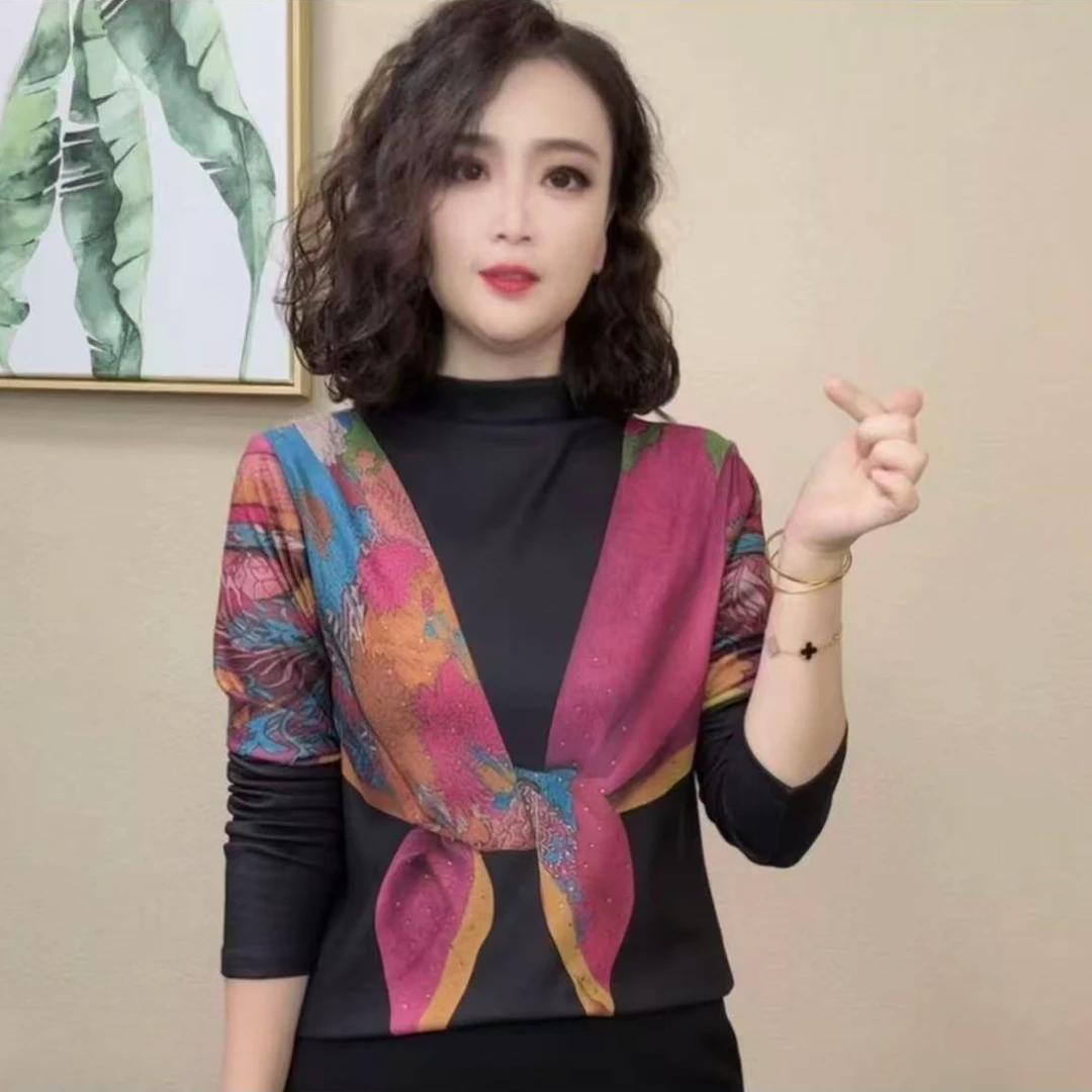 2025秋季女士拼色印花半高领洋气显瘦气质长袖修身打底衫#162