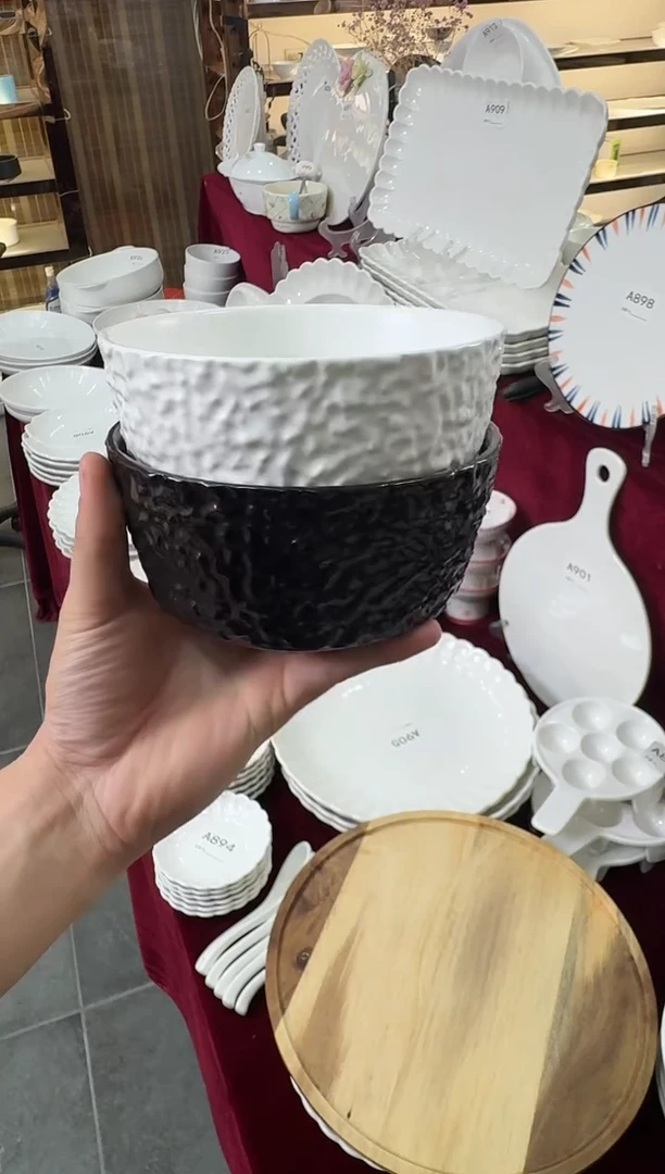 摆件陶【2个装】石纹6寸面碗1黑1白