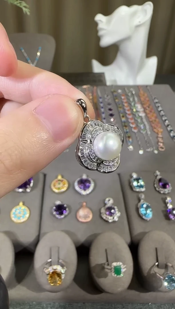 颈饰银S925镶嵌淡水珍珠9mm吊坠设计款