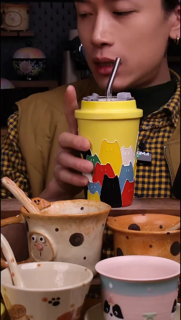 杯子景德镇可爱设计师款陶瓷（带盖带吸管）