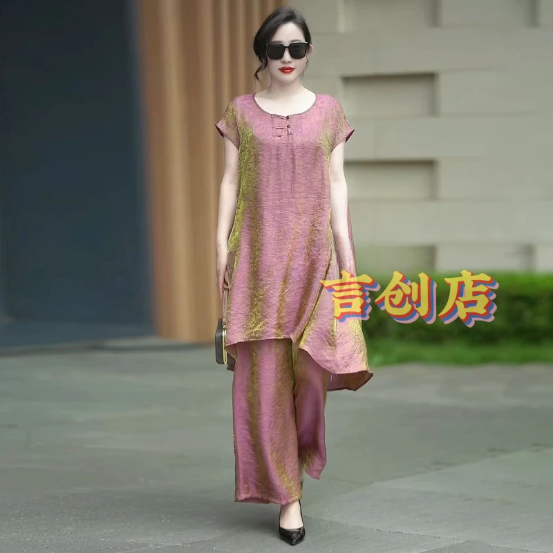 8582高品质！国风不规则长款上衣+宽松阔腿裤大码200斤两件套装