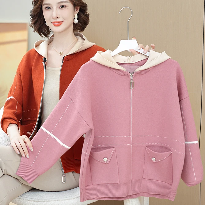 2025年春季新款可拆卸连帽时尚减龄洋气休闲外套妈妈装针织打底衫