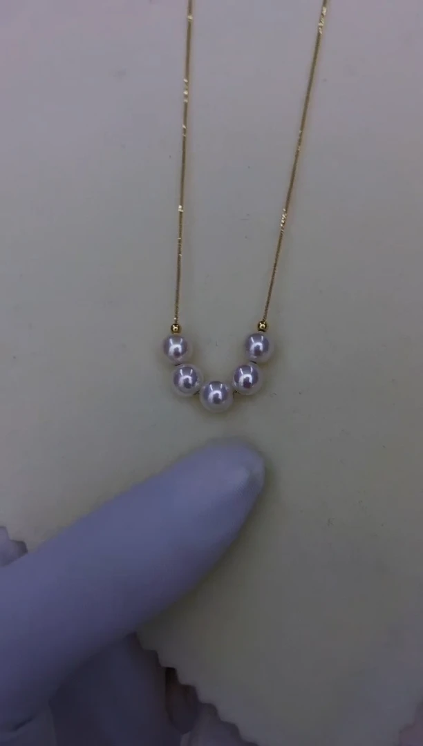 18K金镶嵌akoya五珠微笑链海水珍珠6.5-7mm