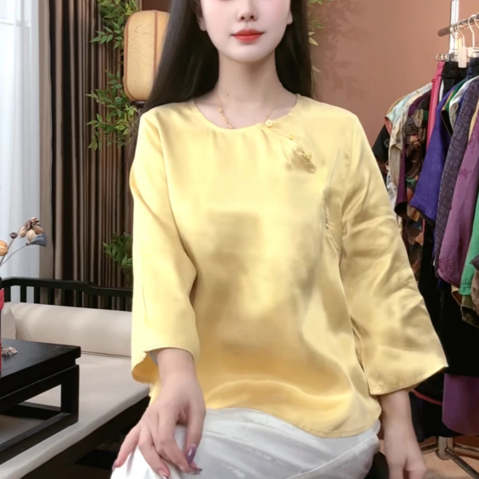 秋季新款100%桑蚕丝时尚大王缎上衣圆领透气百搭国风上衣女S214