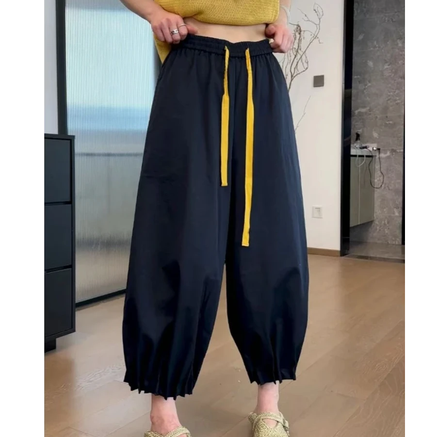 大码设计松紧腰收褶束脚休闲裤女2025夏季新款胖mm显瘦阔腿九分裤