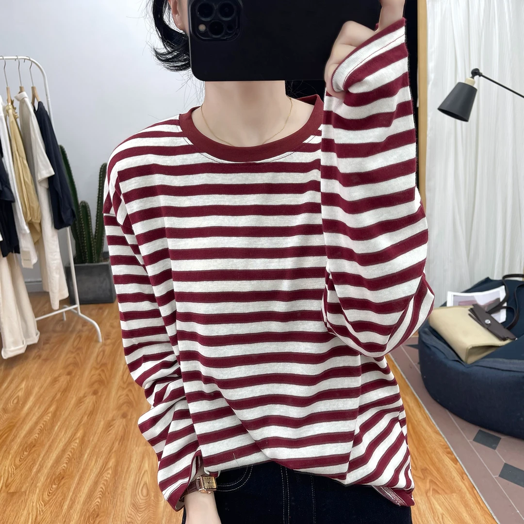 秋冬复古条纹撞色长袖T恤女柔软减龄内搭上衣2025圆领宽松打底衫