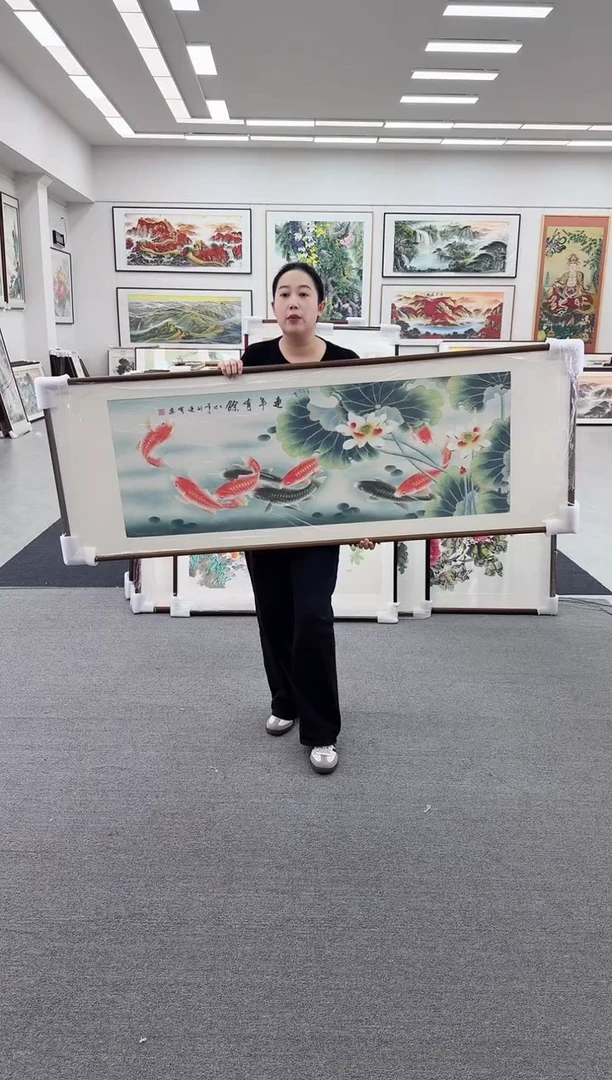 国画手绘 连年有余 九鱼图 172*62