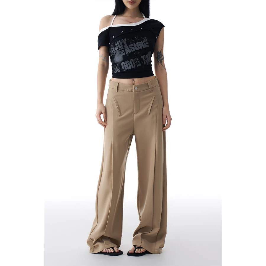AGUA卡其色休闲西装裤女2025夏季薄款垂坠感高级感阔腿拖地长裤子