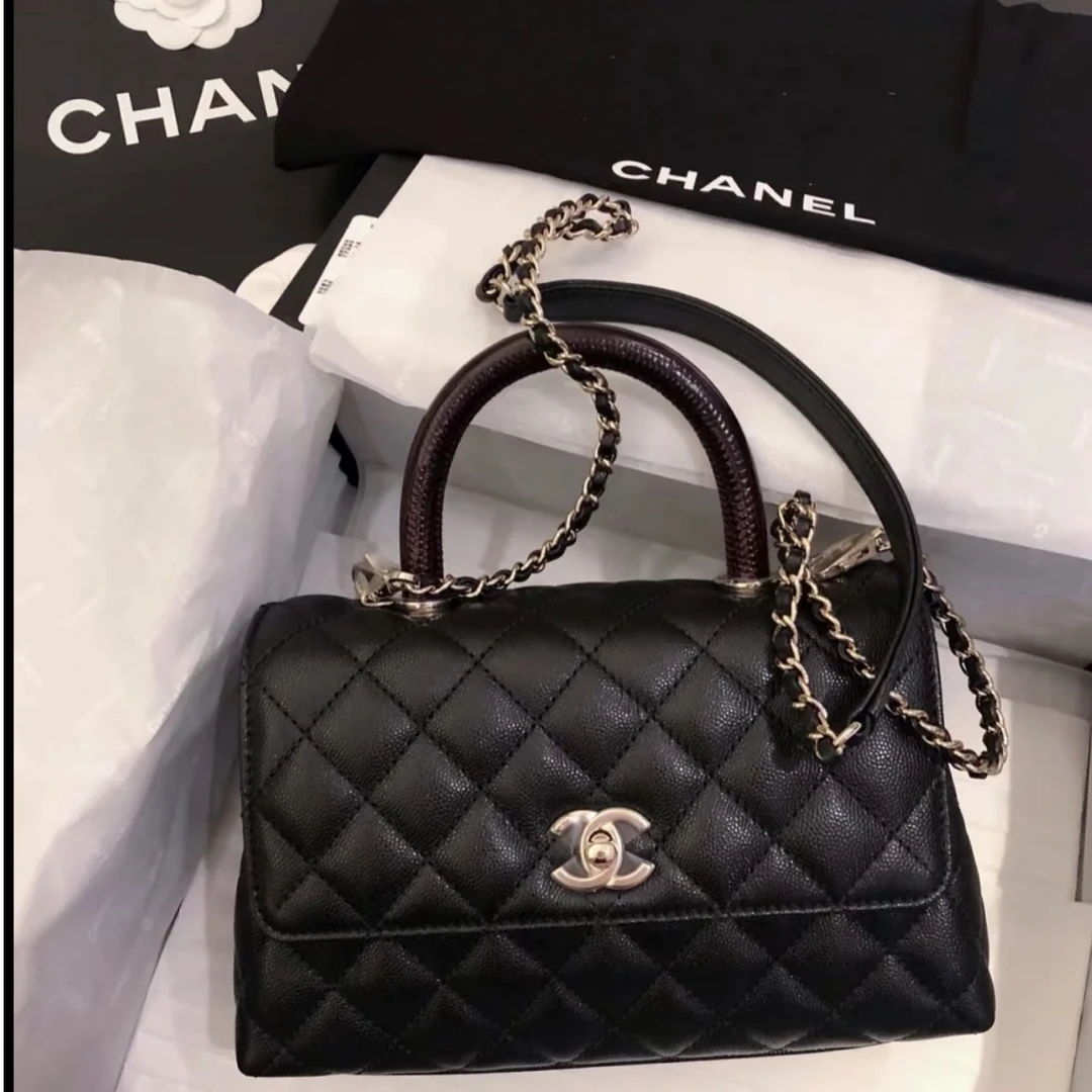 99新 Chanel/香奈儿 花花 Handle 小号 黑色 芯片开 压纹