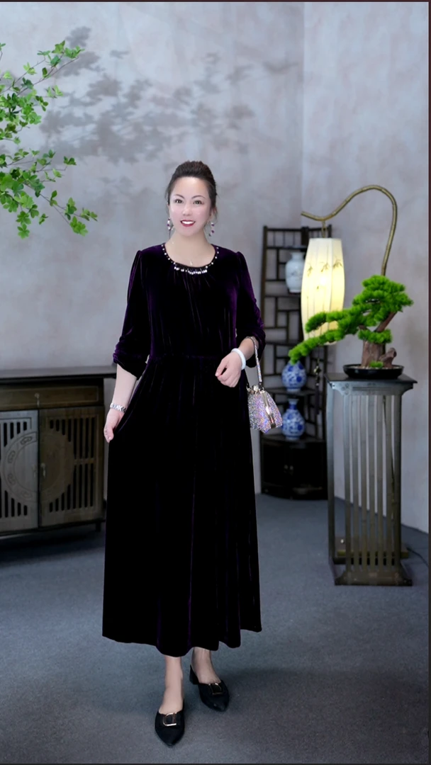 【MIAOCI】L7768新品时尚百搭法式丝绒连衣裙