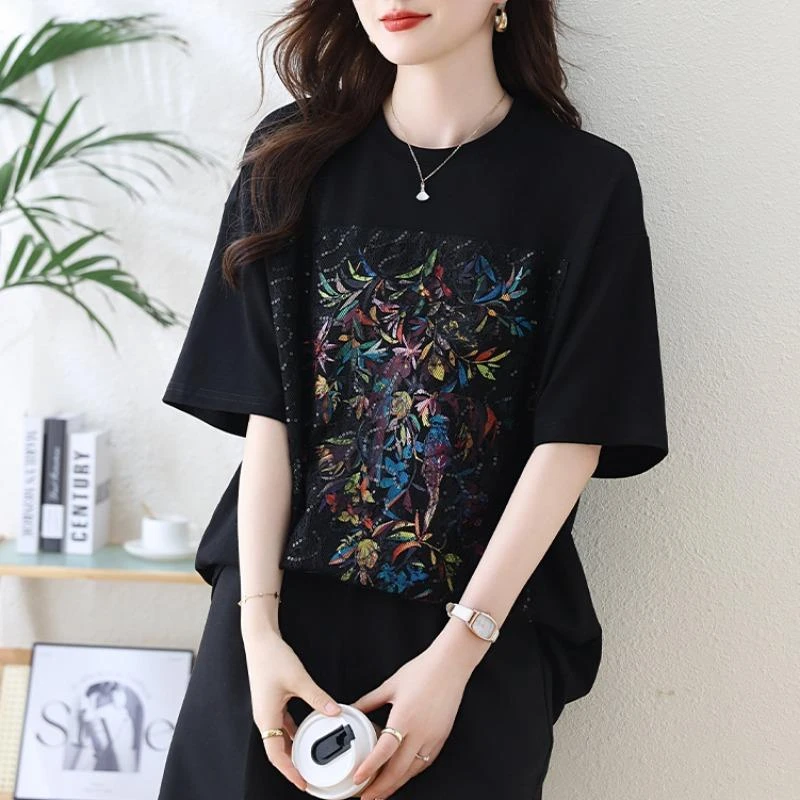 日系轻奢蕾丝拼接短袖T恤女2025夏季新款宽松显瘦时尚印花上衣