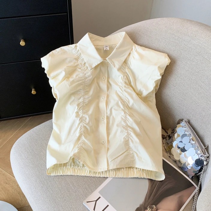 设计感褶皱无袖衬衫女士夏季新款气质polo领显瘦短款衬衣法式小衫