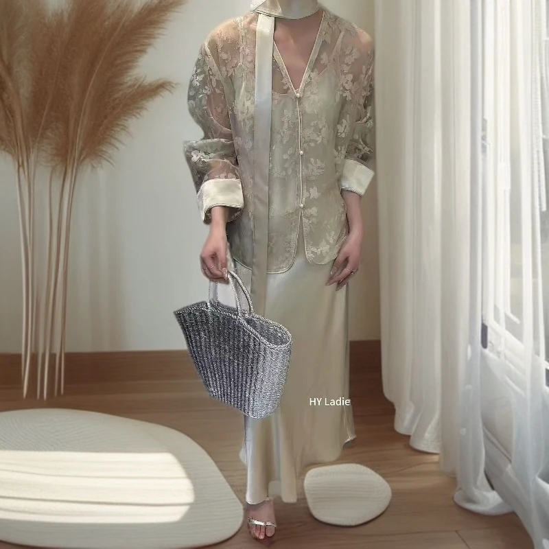 春夏百搭吊带连衣裙提花刺绣国风蕾丝时尚套装INS风