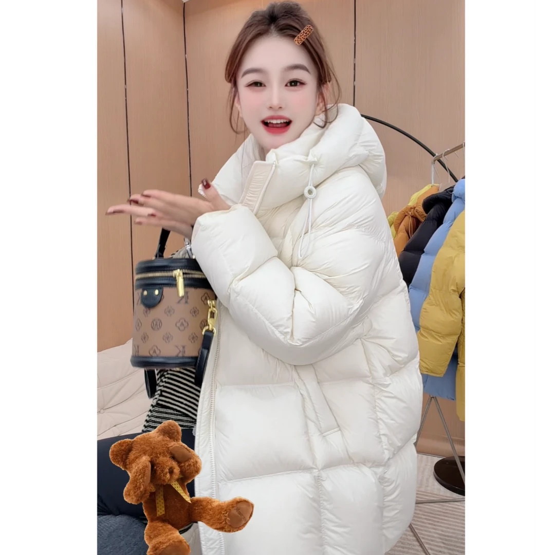 韩版连帽中长款新国标90白鸭绒女冬季加厚时尚保暖云朵泡芙外套