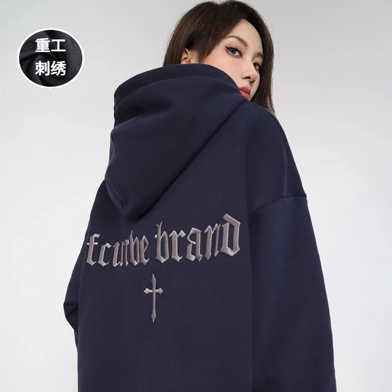 大码300斤美式高街刺绣拉链卫衣男女秋冬潮宽松百搭加绒开衫外套