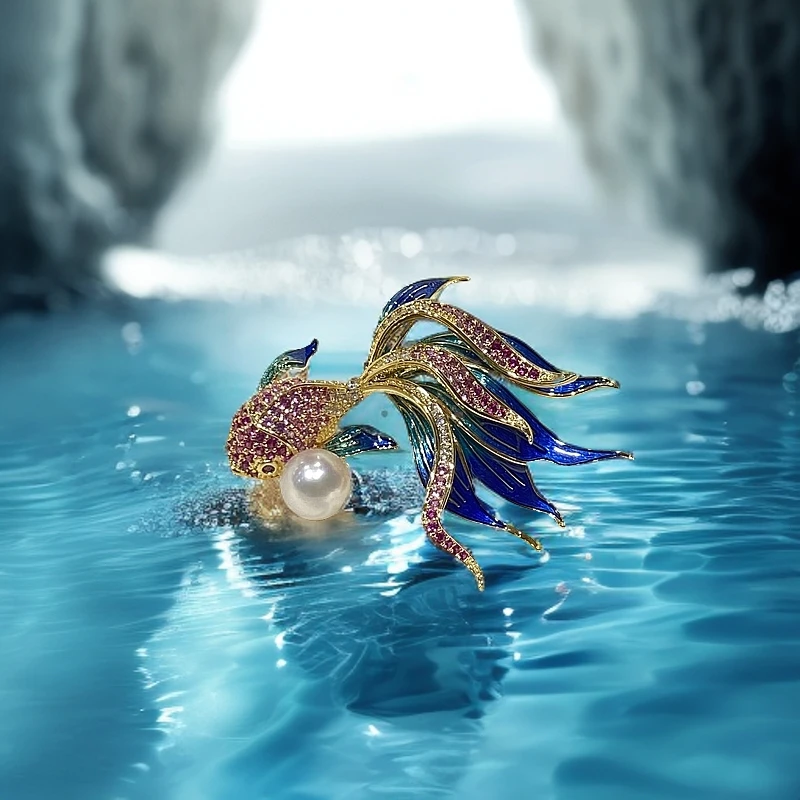 年年有鱼海水akoya极光炫彩高品质珍珠胸针国风新春款8-9mm