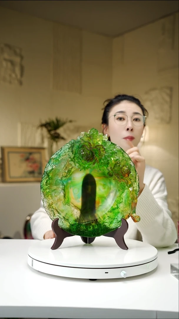 手工艺品琉璃祖母绿牡丹果盘带14*14底座