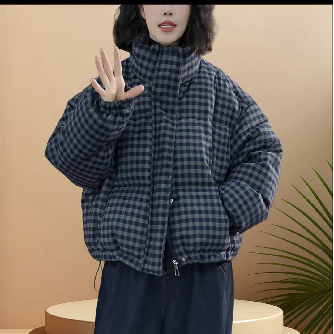 大麦家休闲简约百搭格子加厚外套短款冬季5782
