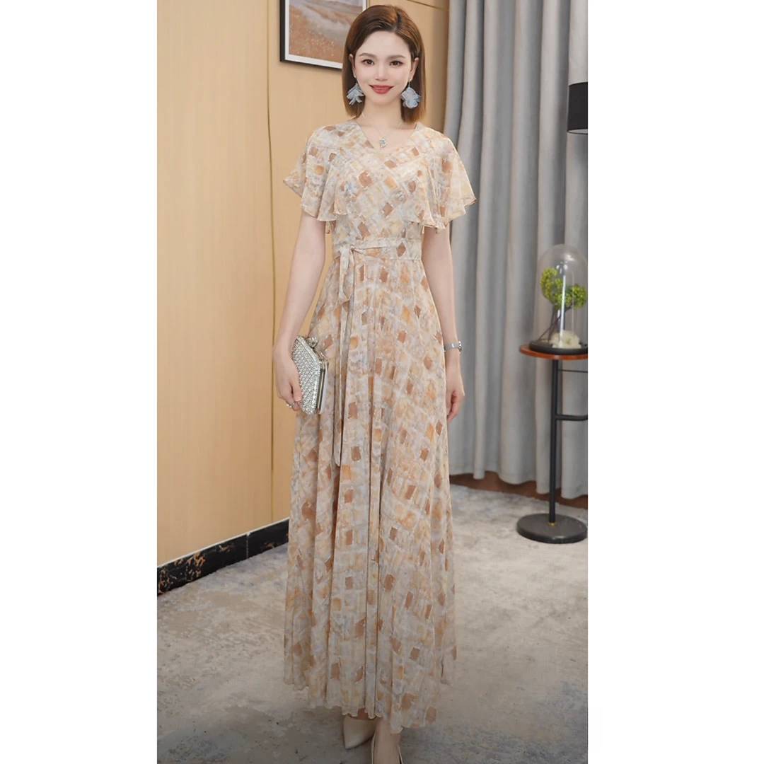 TZ金莺黄色夏季拼接裙子千金风泡泡袖高弹力长裙连衣裙印花