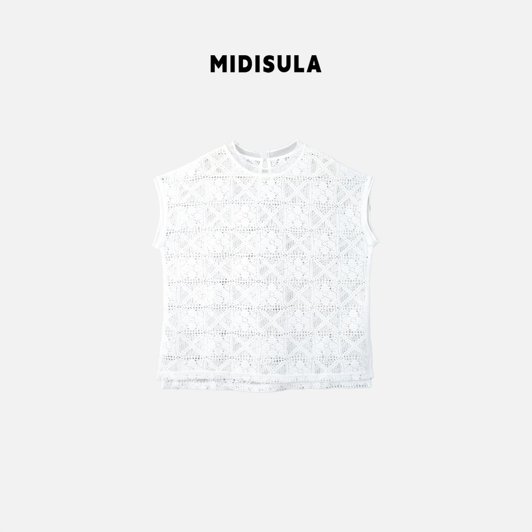 阿玉家&韩国高品质进口菱形纹花朵蕾丝镂空气质显瘦无袖上衣#0872