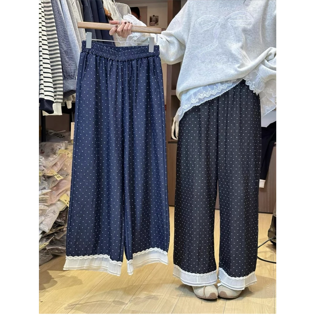 【王肉肉】夏季新款大码波点复古设计感清凉透气显瘦松紧腰九分裤