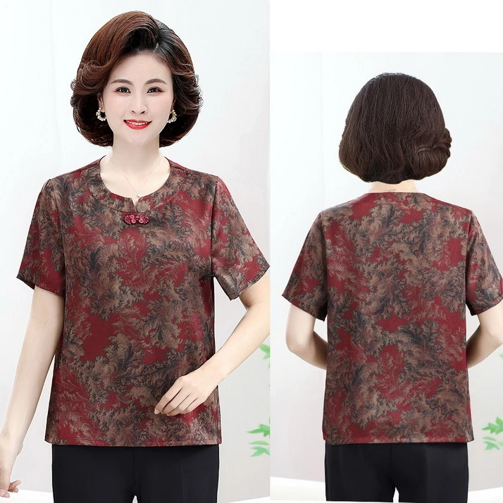 2025年新款中老年妈妈，奶奶高档洋气时尚宽松复古盘扣上衣短袖