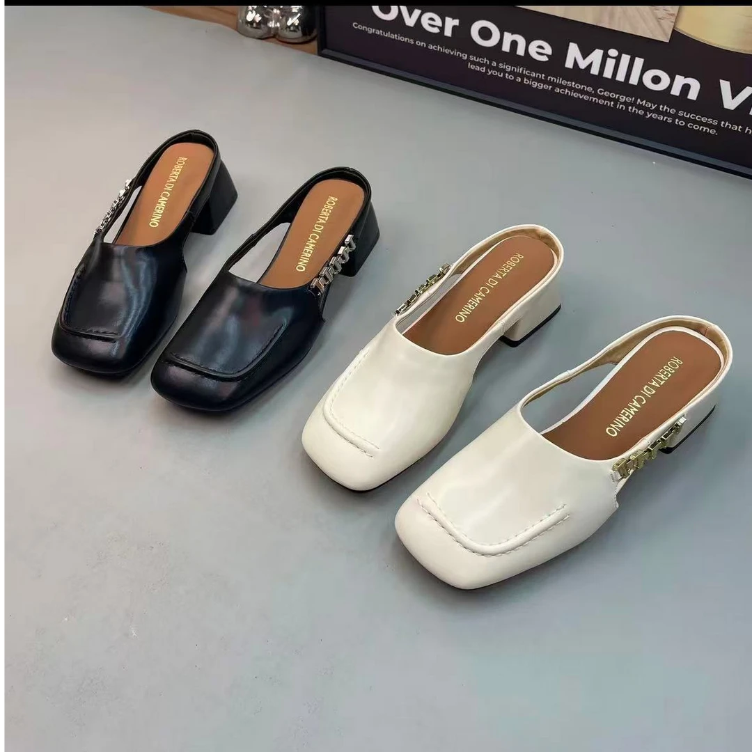 夏新款包头百搭法式复古单鞋浅口粗跟后空半托方头女鞋35-53G