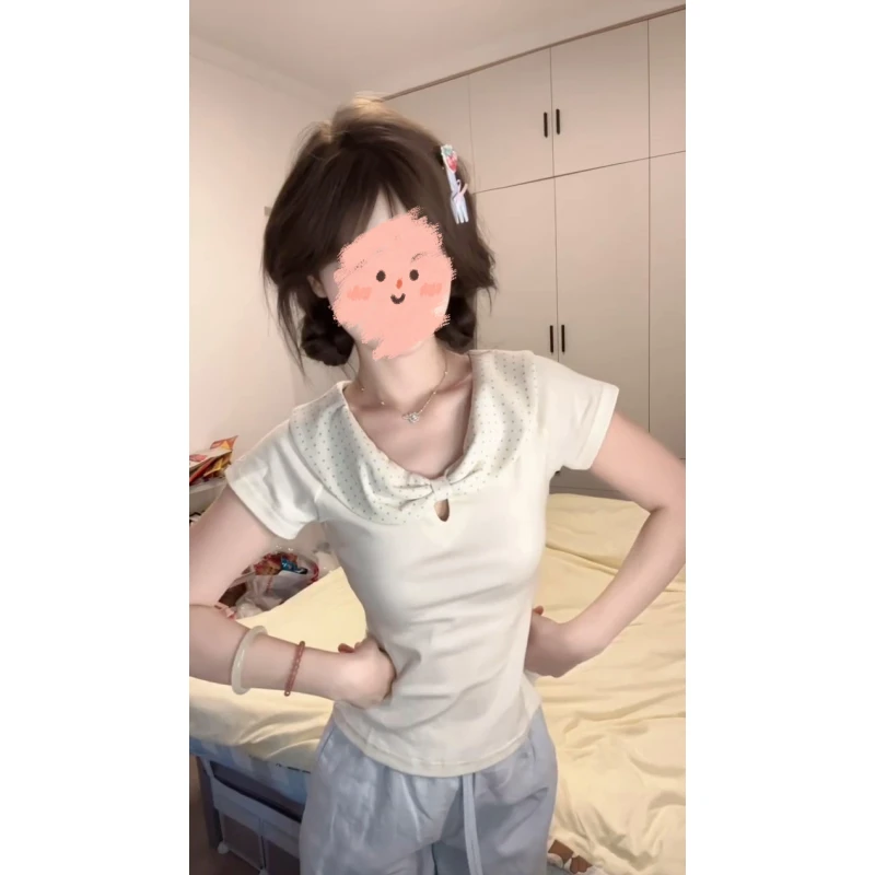 波点娃娃领短袖T恤女夏季新款韩系纯欲镂空修身显瘦上衣